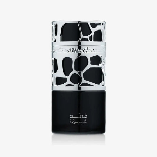 Elegant Middle Eastern perfume bottle with black base and silver geometric accents