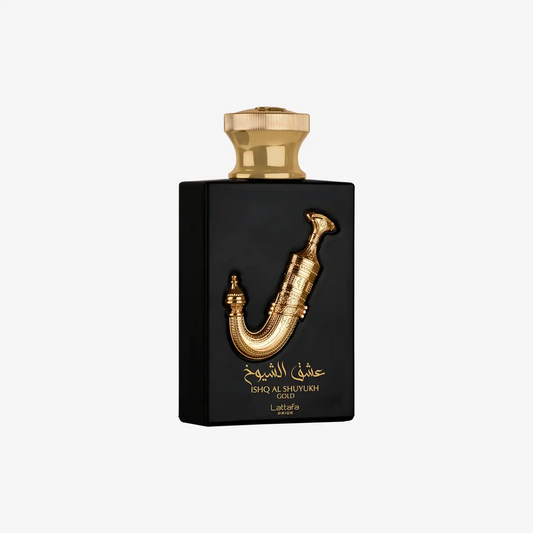 Luxury black perfume bottle with gold accents and Arabic script, featuring Ishq Al Shuyukh Gold by Lattafa.