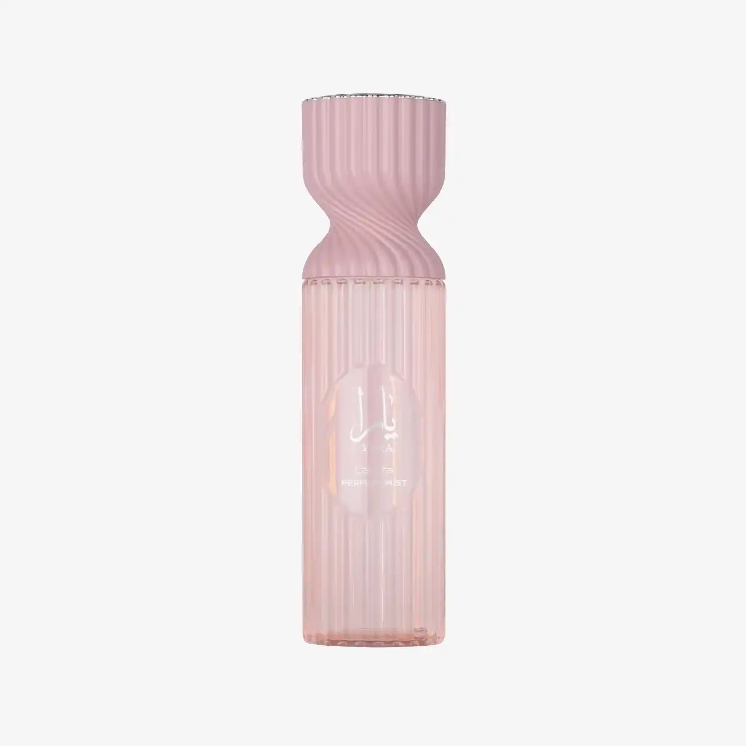 Elegant pink Middle Eastern perfume mist bottle with ribbed glass and Arabic script.