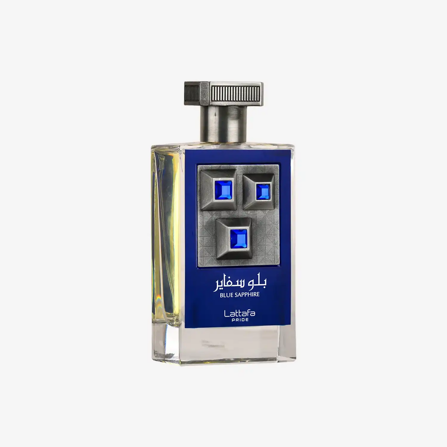 Blue Sapphire perfume bottle with silver cap and blue gem accents, Middle Eastern fragrance