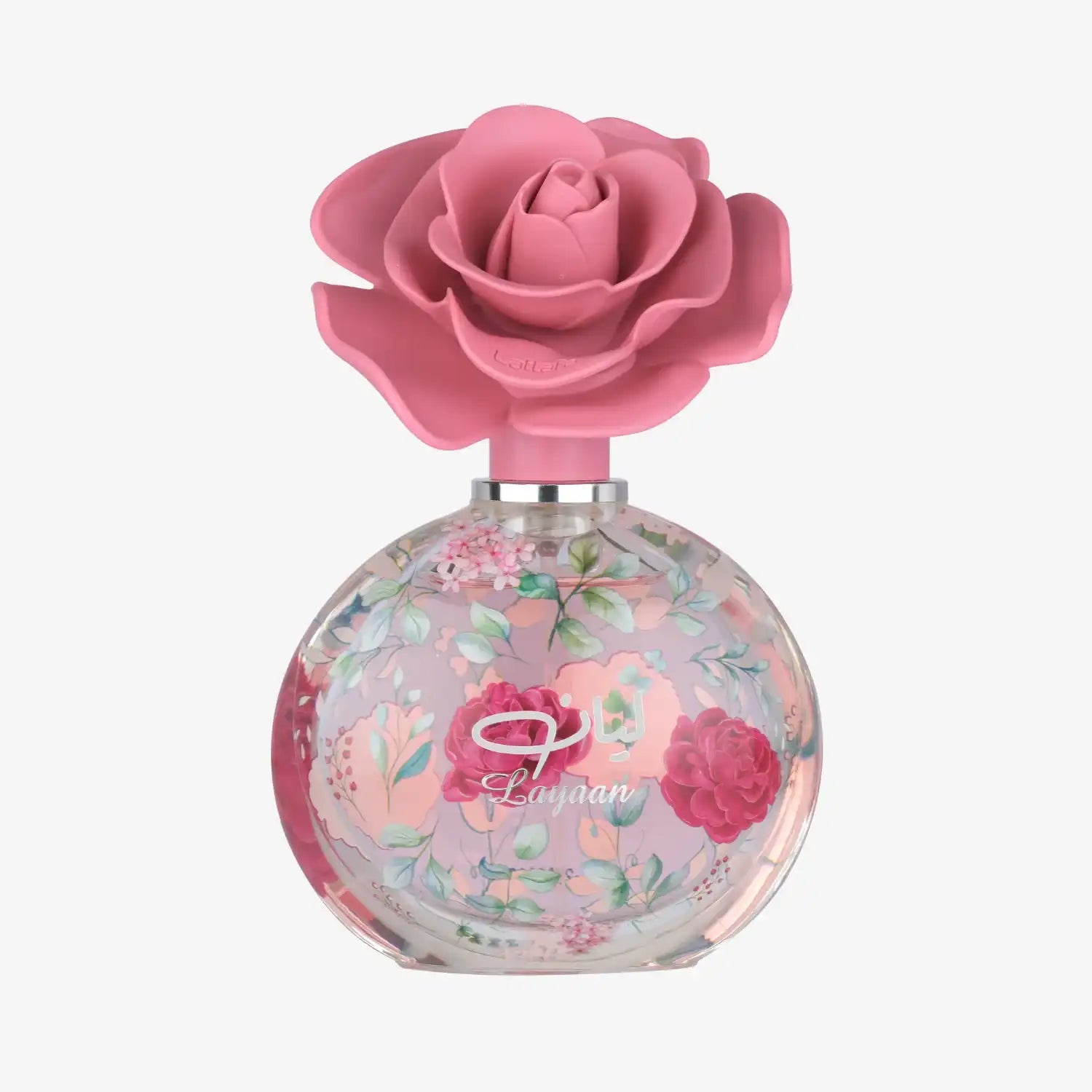 Floral perfume bottle with pink rose cap and decorative flower design, Middle Eastern fragrance