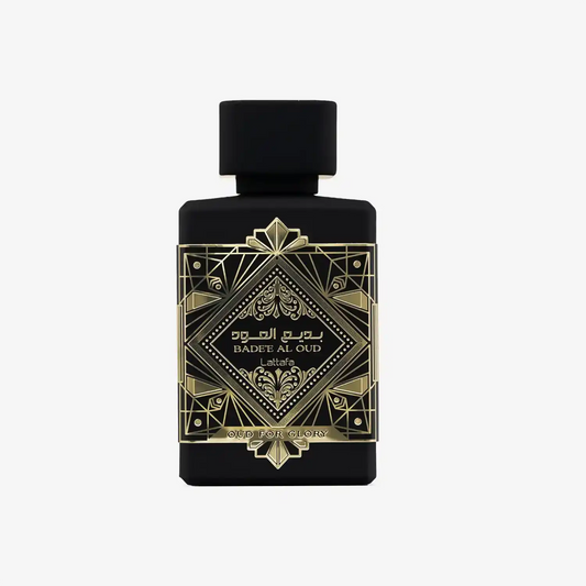Luxury black bottle of Badee Al Oud Lattafa perfume with gold geometric design, Oud for Glory