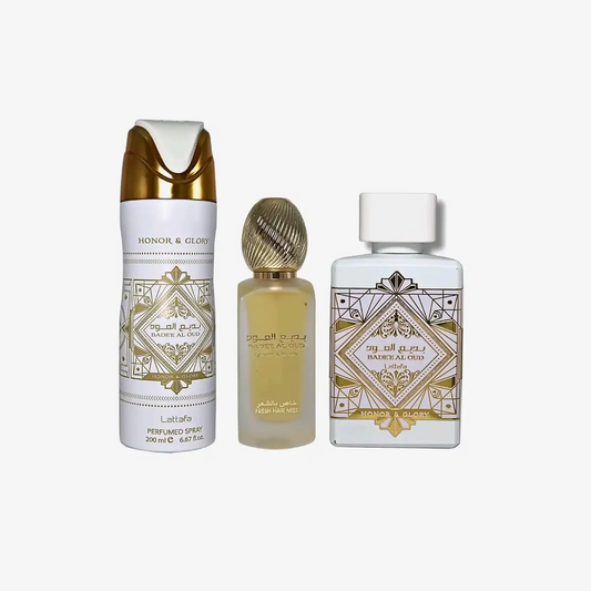 Middle Eastern Badee Al Oud Honor & Glory perfume and spray set with gold accents