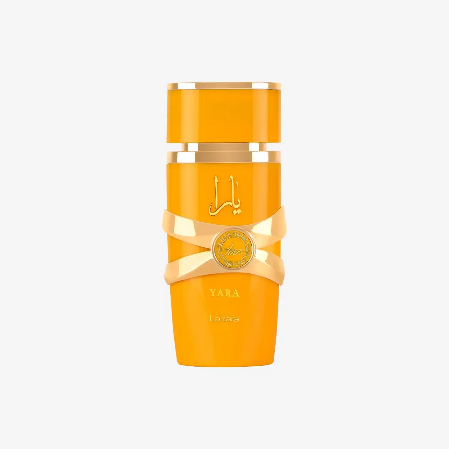 Yara Lattafa orange perfume bottle with gold Arabic script and decorative band