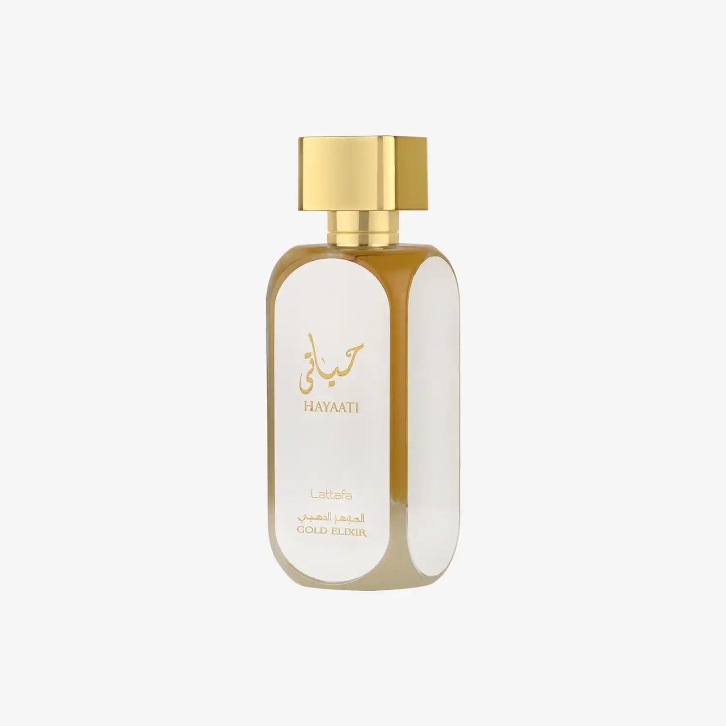 Lattafa Hayaati Gold Elixir perfume bottle with gold cap and Arabic script on white background