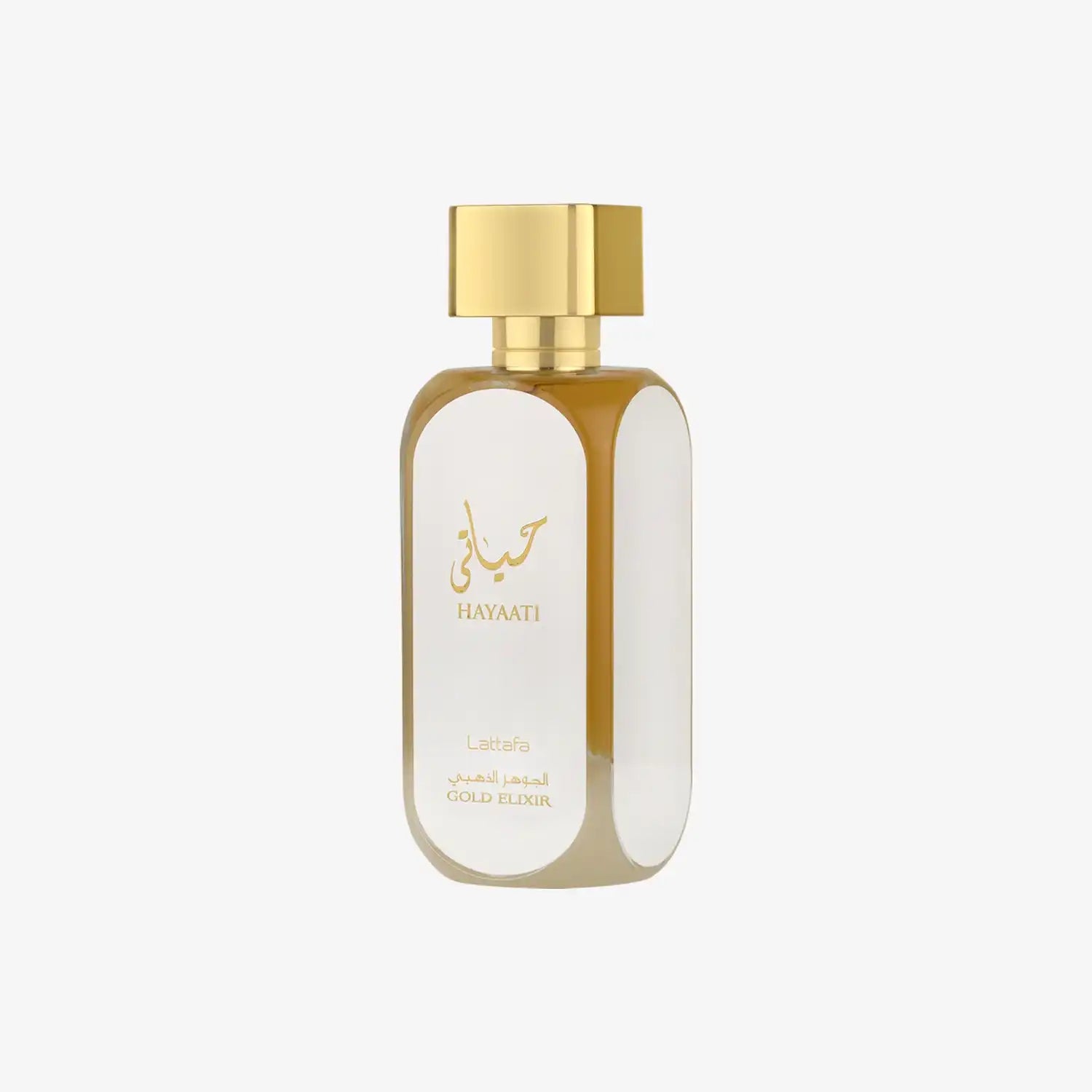Lattafa Hayaati Gold Elixir perfume bottle with gold cap and Arabic script on white background