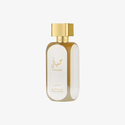 Lattafa Hayaati Gold Elixir perfume bottle with gold cap and Arabic script on white background