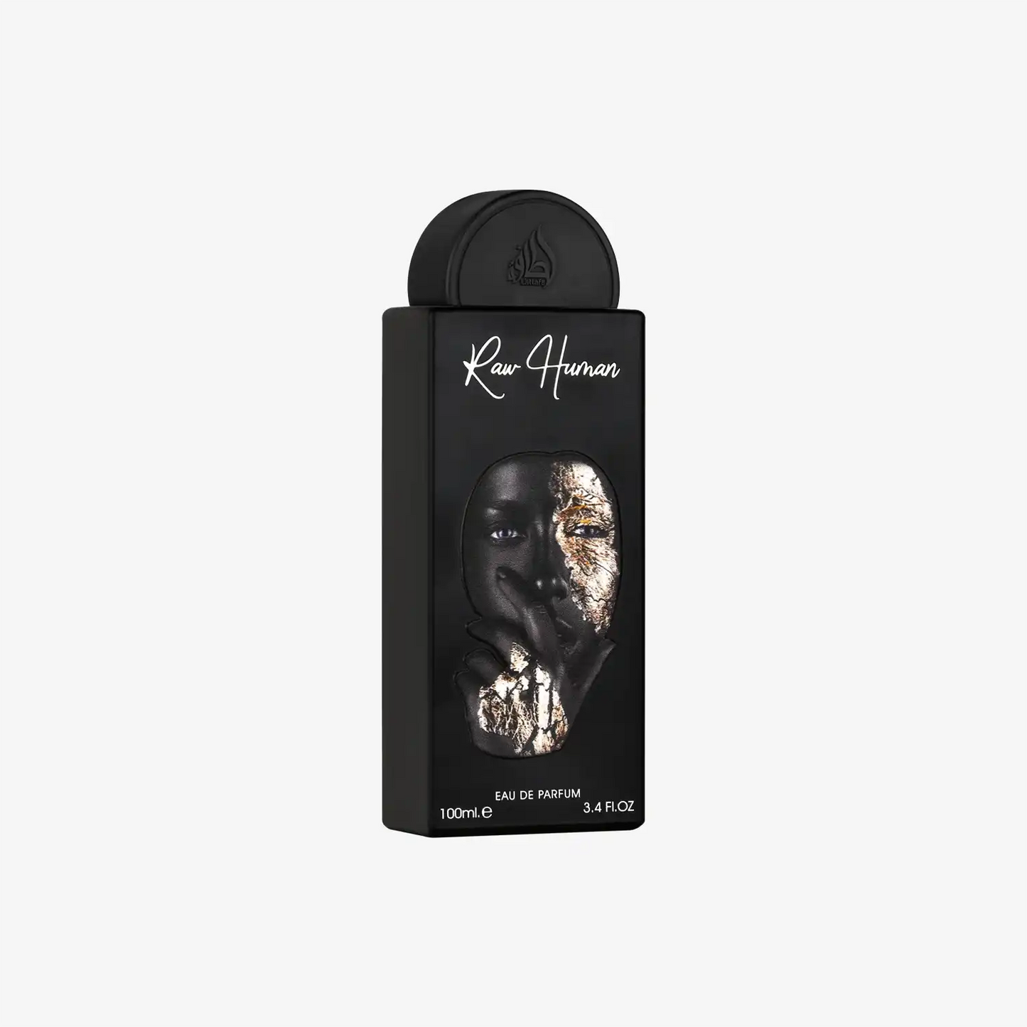 Black perfume bottle labeled Raw Human with artistic gold face design, 100ml Eau de Parfum