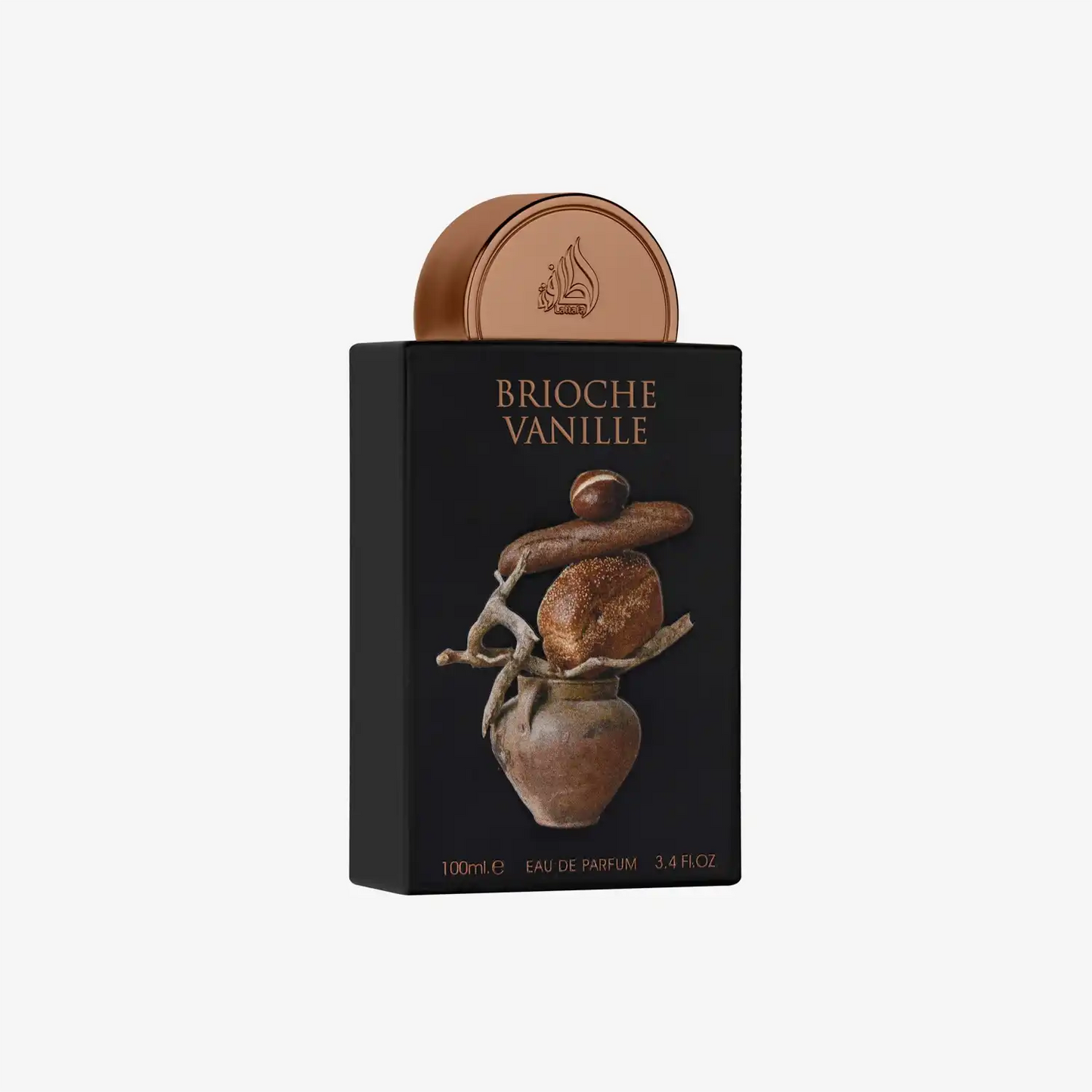 Brioche Vanille eau de parfum bottle with artistic bakery bread and clay pot illustration.