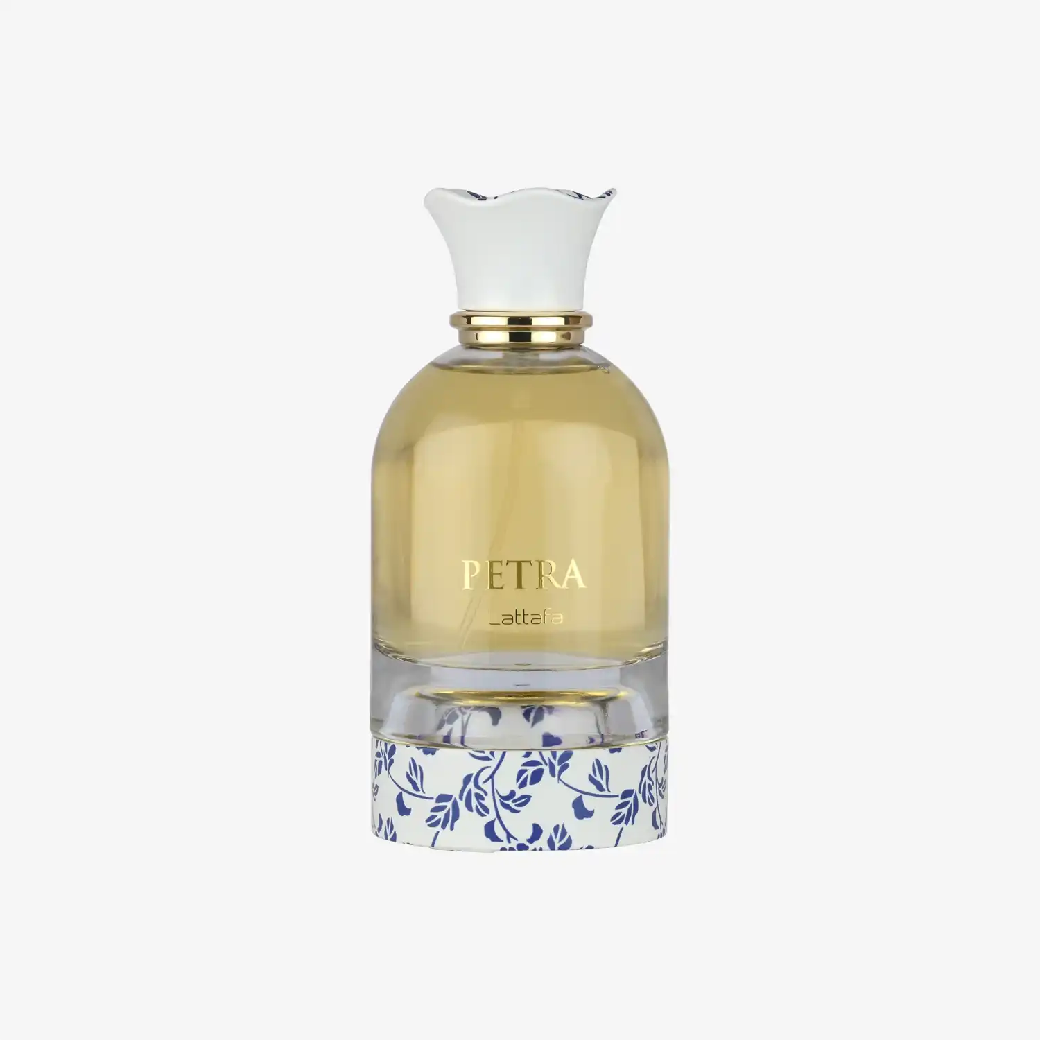 Clear glass PETRA Lattafa perfume bottle with gold accents and floral patterned base