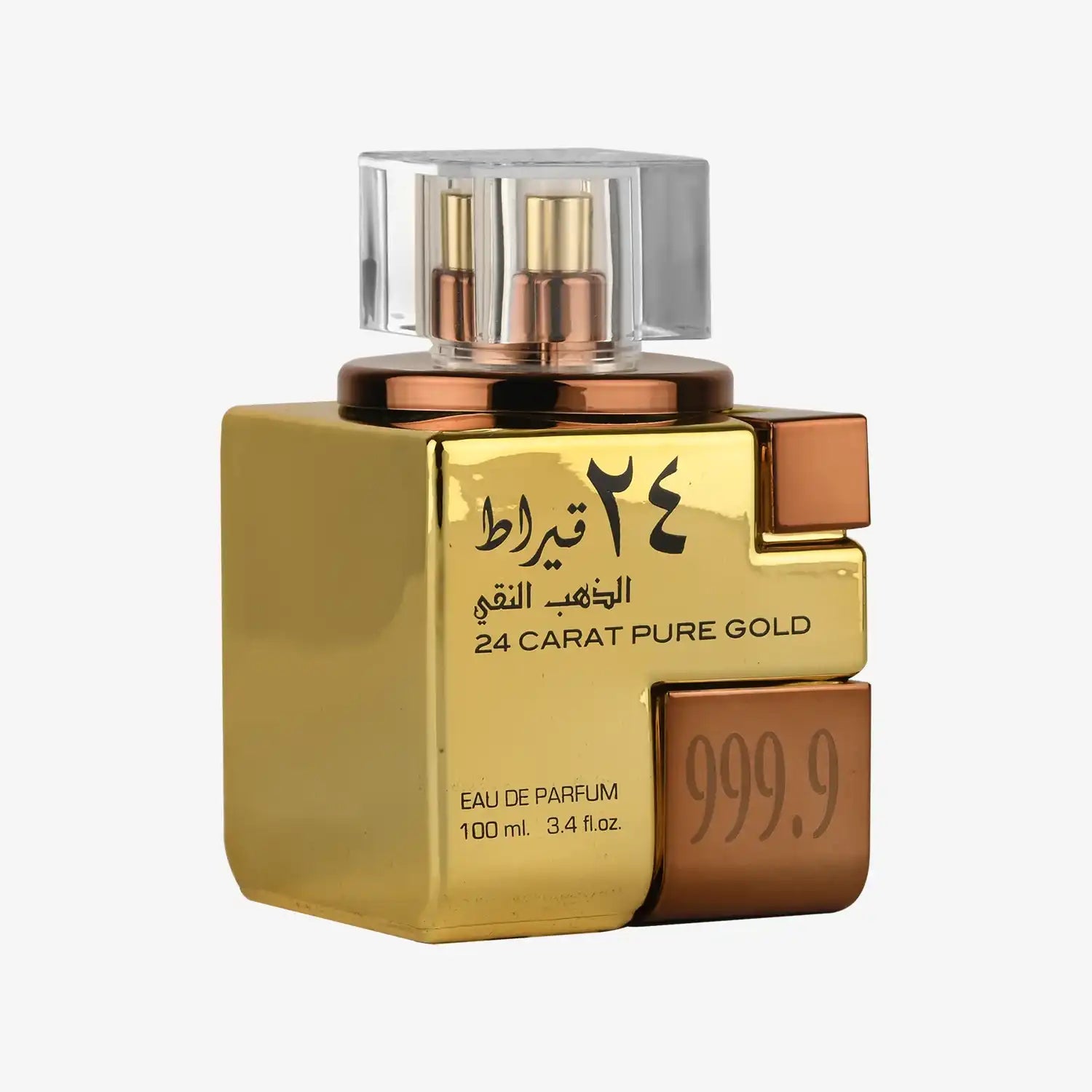 Gold and bronze 24 Carat Pure Gold perfume bottle with Arabic text, 100ml eau de parfum