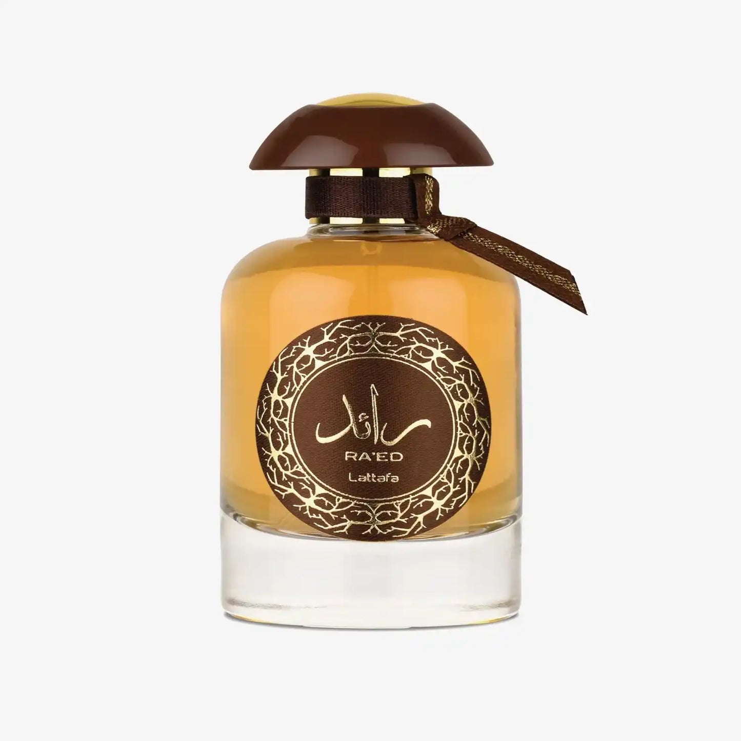 Middle Eastern Ra'ed Lattafa perfume bottle with ornate brown and gold design