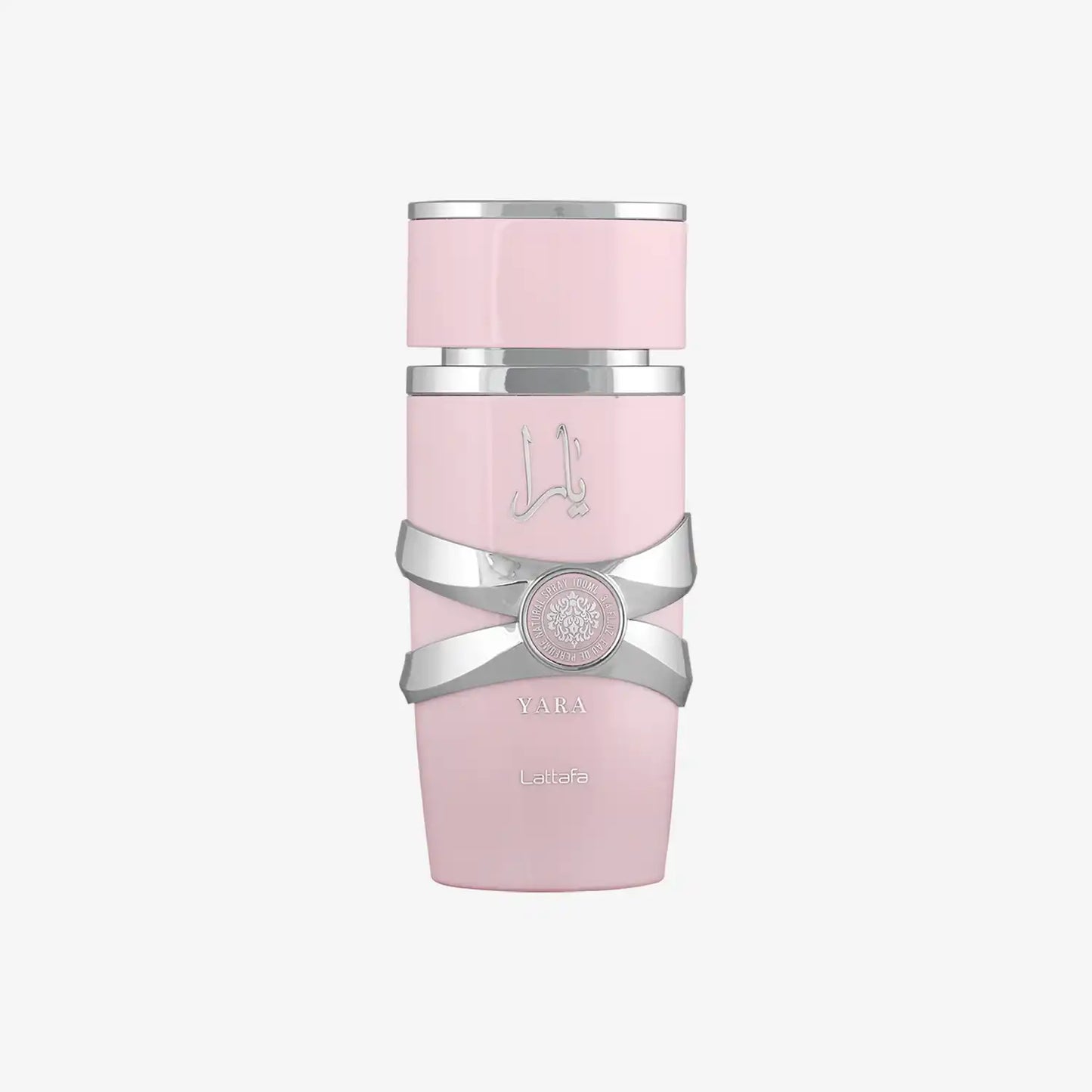 Lattafa Yara perfume bottle in elegant pink with silver accents, Middle Eastern fragrance
