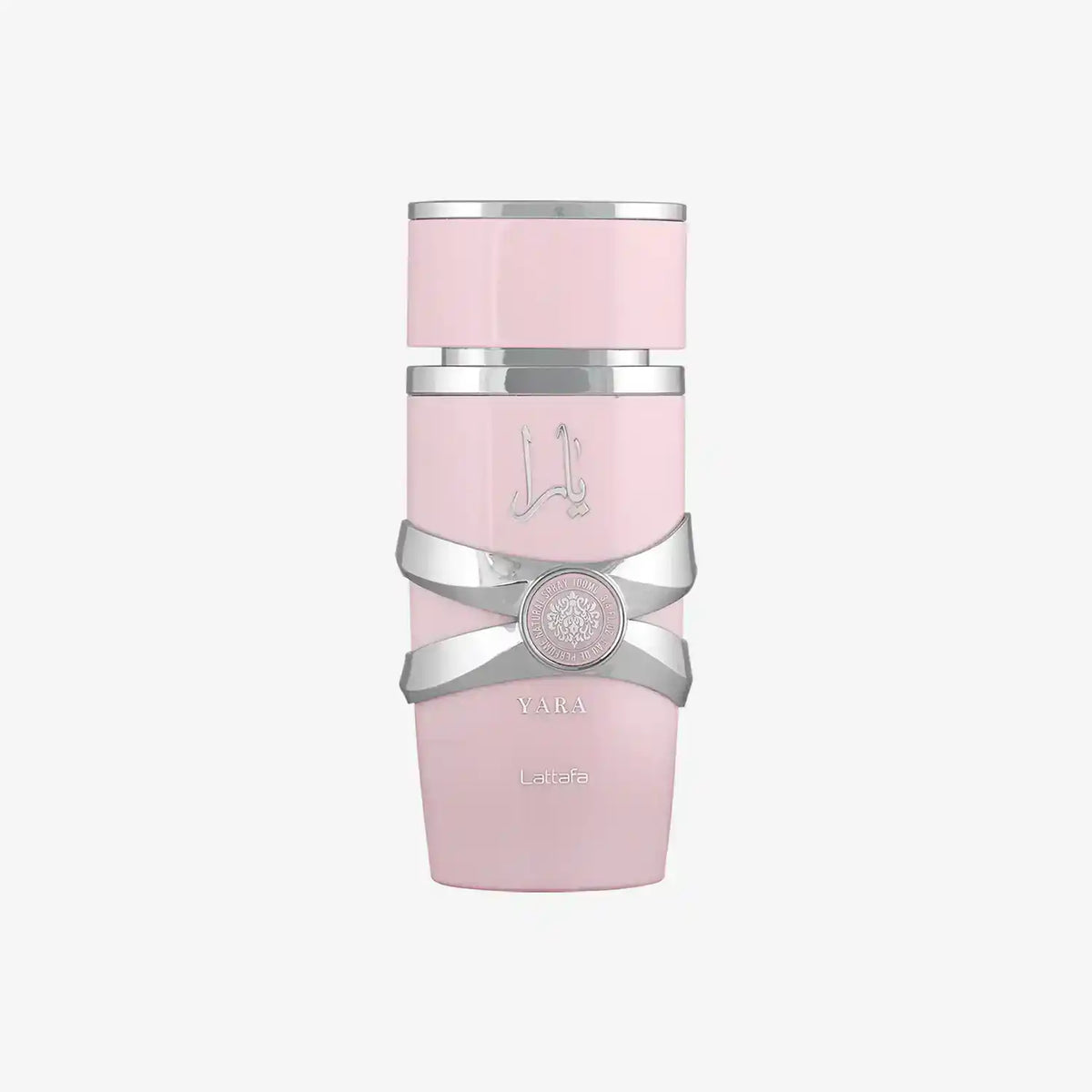 Lattafa Yara perfume bottle in elegant pink with silver accents, Middle Eastern fragrance
