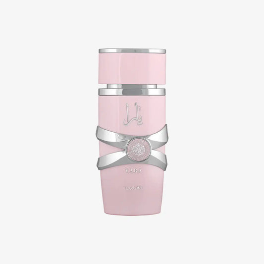 Lattafa Yara perfume bottle in elegant pink with silver accents, Middle Eastern fragrance