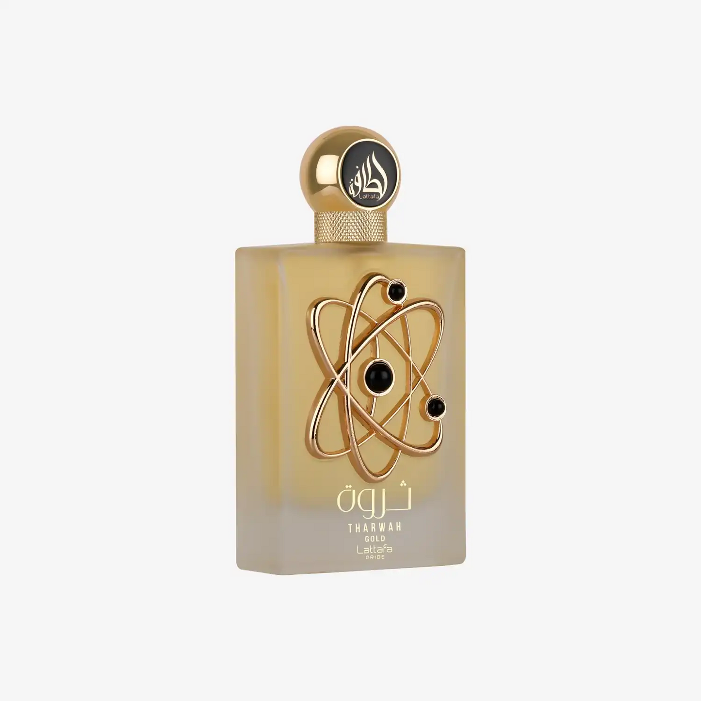 Tharwah Gold Lattafa perfume bottle with gold decorative design and Arabic script