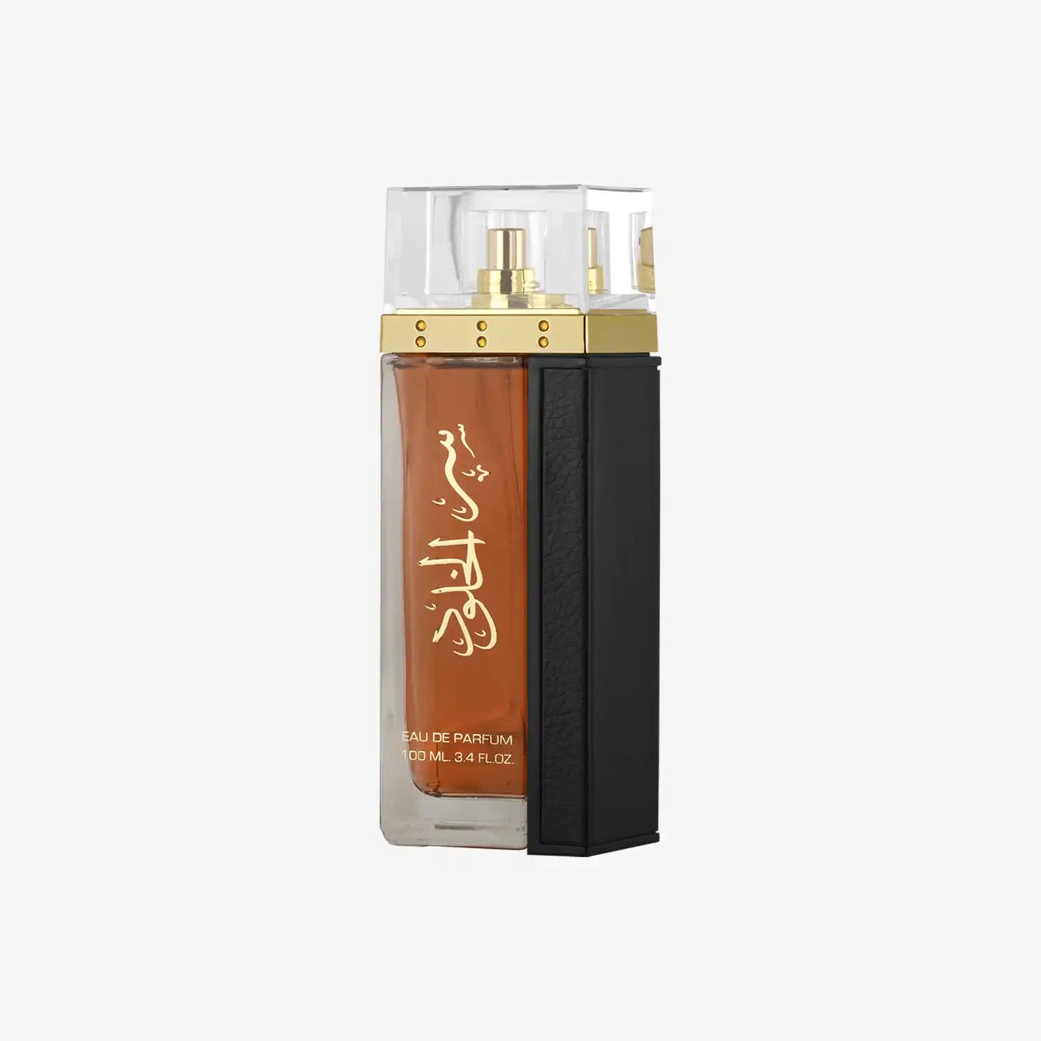 Middle Eastern perfume bottle with Arabic script, gold accents, and clear cap on white background