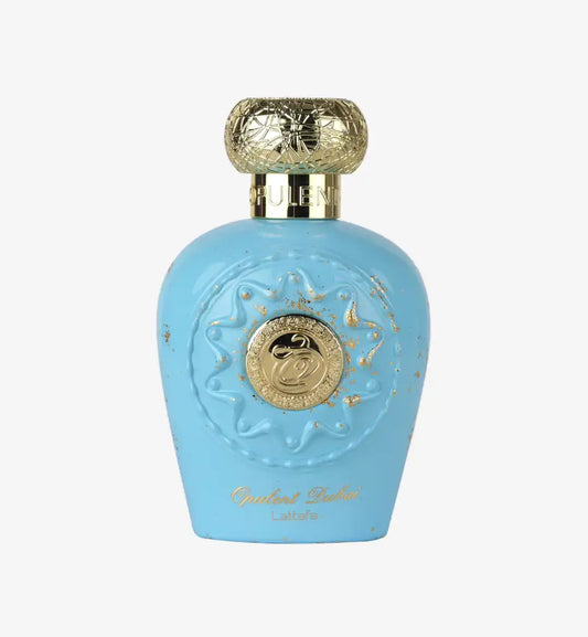 Opulent Dubai Lattafa perfume bottle with gold ornate cap and blue decorative design