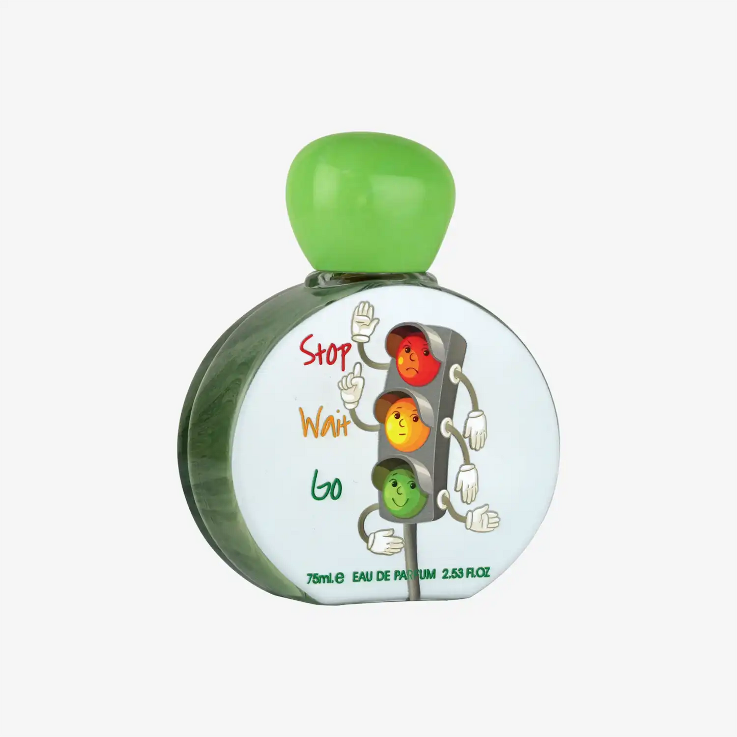 Round perfume bottle with green cap and cartoon traffic light design, 75ml eau de parfum