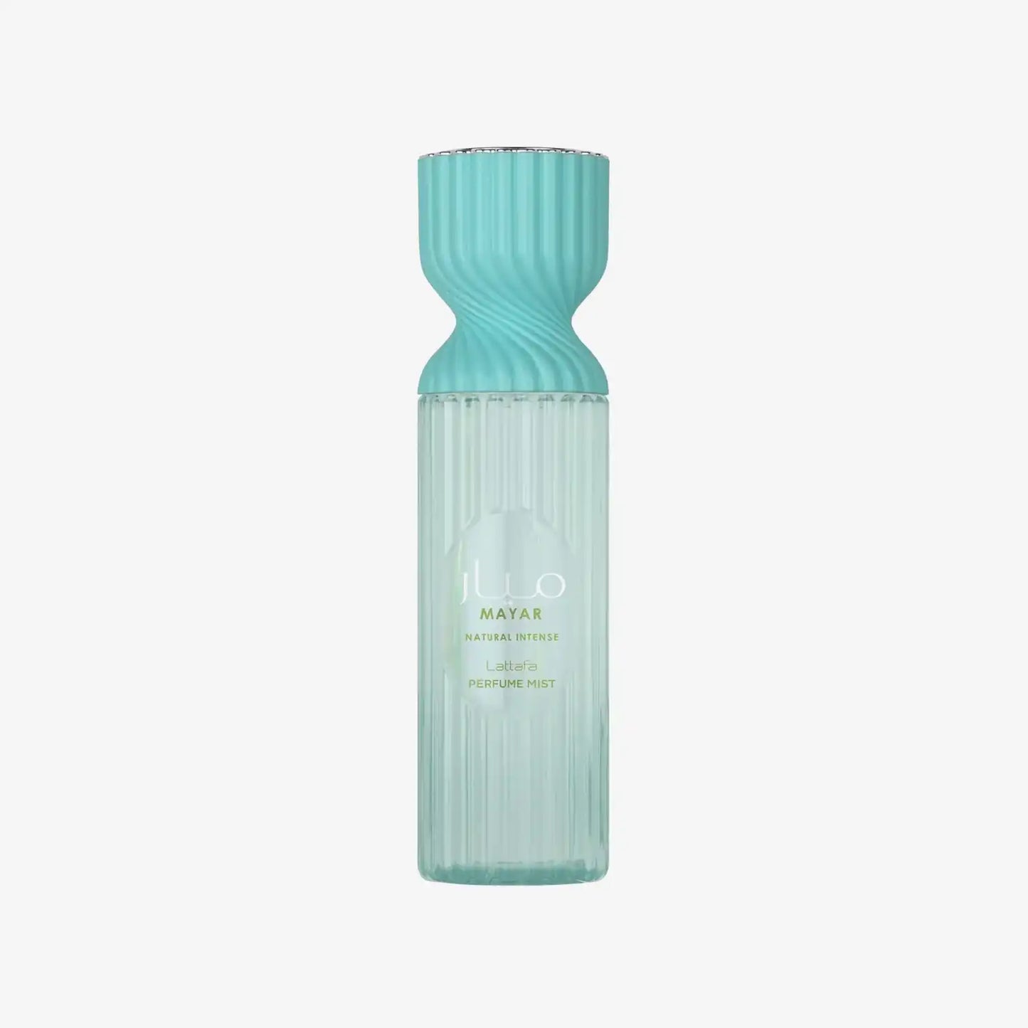 Lattafa Mayar Natural Intense perfume mist in ribbed turquoise bottle on white background