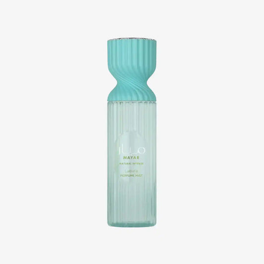Lattafa Mayar Natural Intense perfume mist in ribbed turquoise bottle on white background