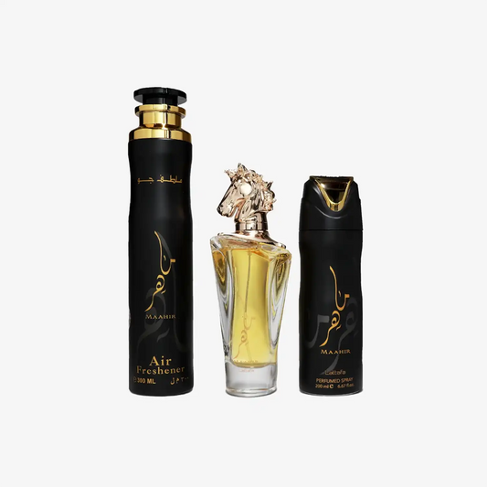 Middle Eastern Maahir fragrance set with air freshener, perfume, and body spray, black and gold bottles
