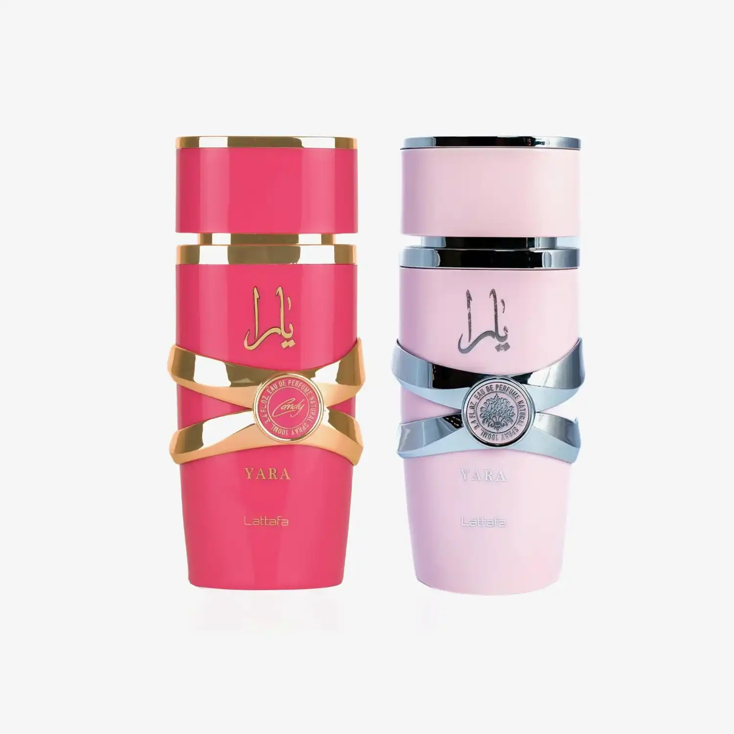 Two Yara Lattafa perfume bottles, one pink with gold accents and one light pink with silver accents, standing side by side on a white background.