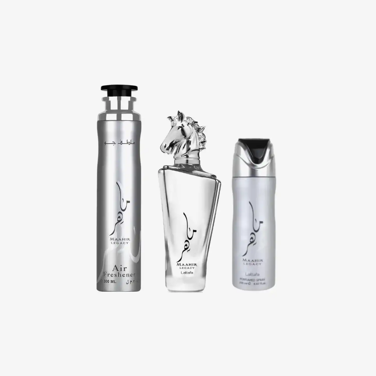 Silver Maahir Legacy Middle Eastern perfume set with horse-head bottle, air freshener, and spray