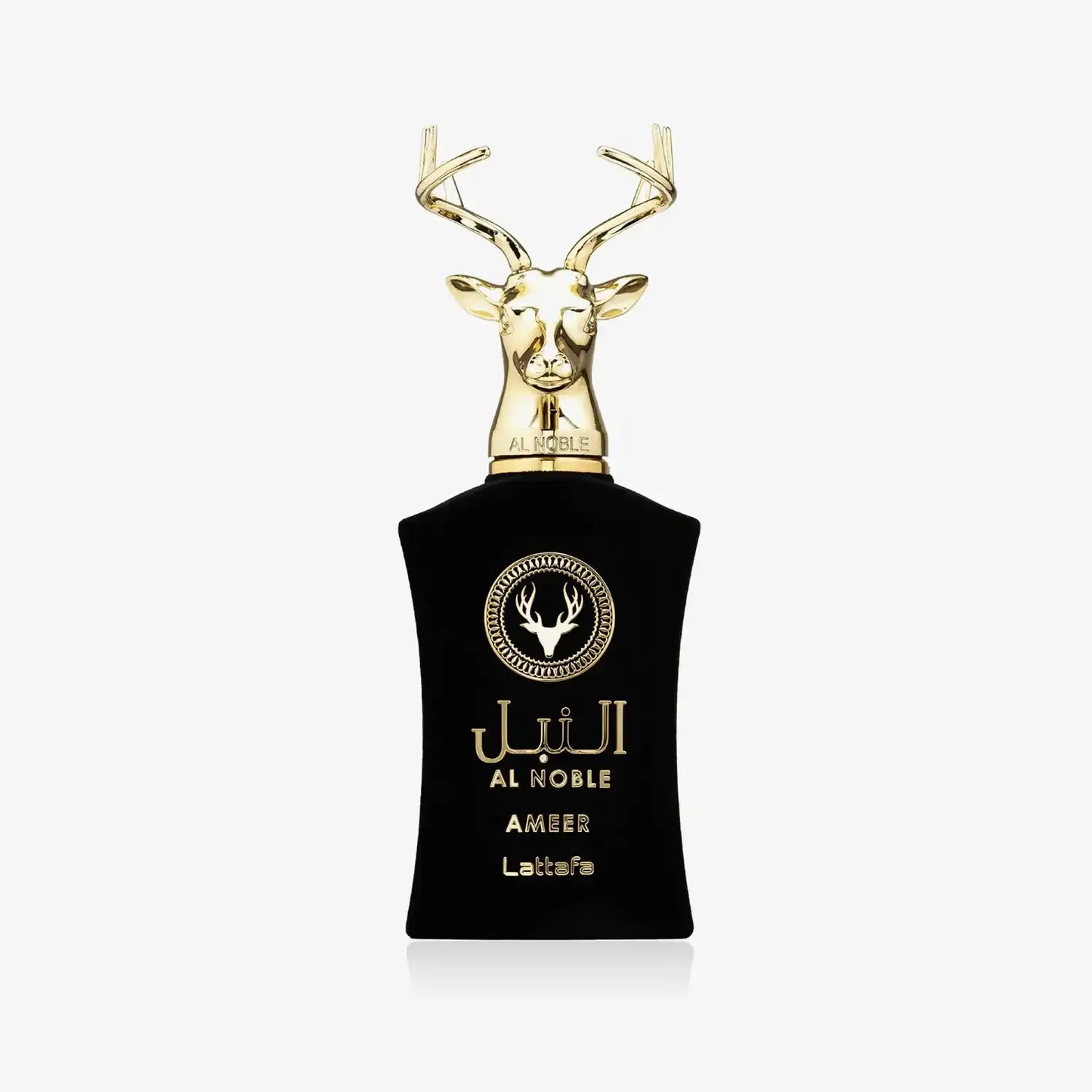 Black Al Noble Ameer perfume bottle with gold deer head cap and Arabic calligraphy