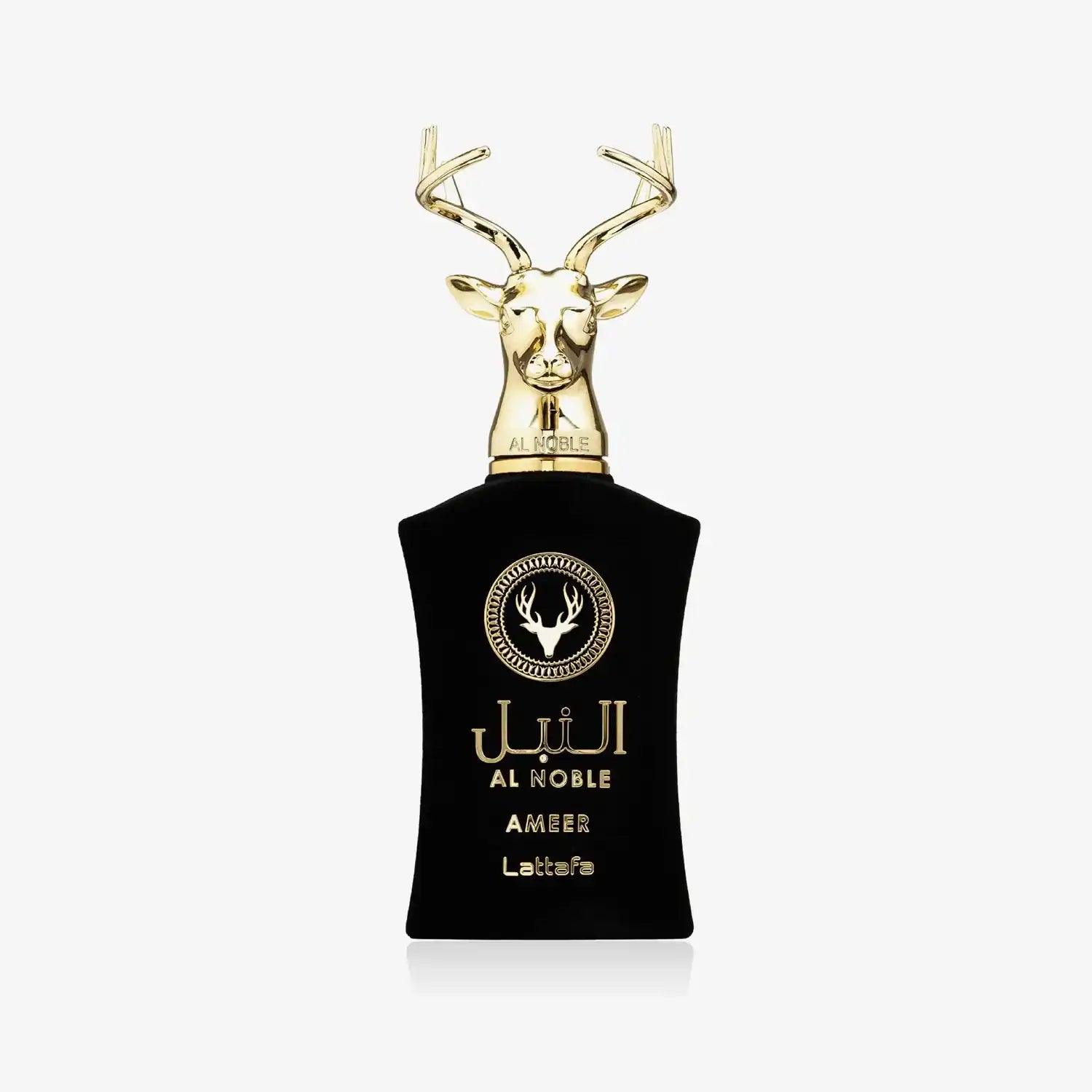 Black Al Noble Ameer perfume bottle with gold deer head cap and Arabic calligraphy