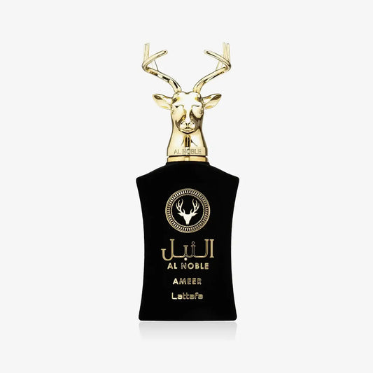 Black Al Noble Ameer perfume bottle with gold deer head cap and Arabic calligraphy