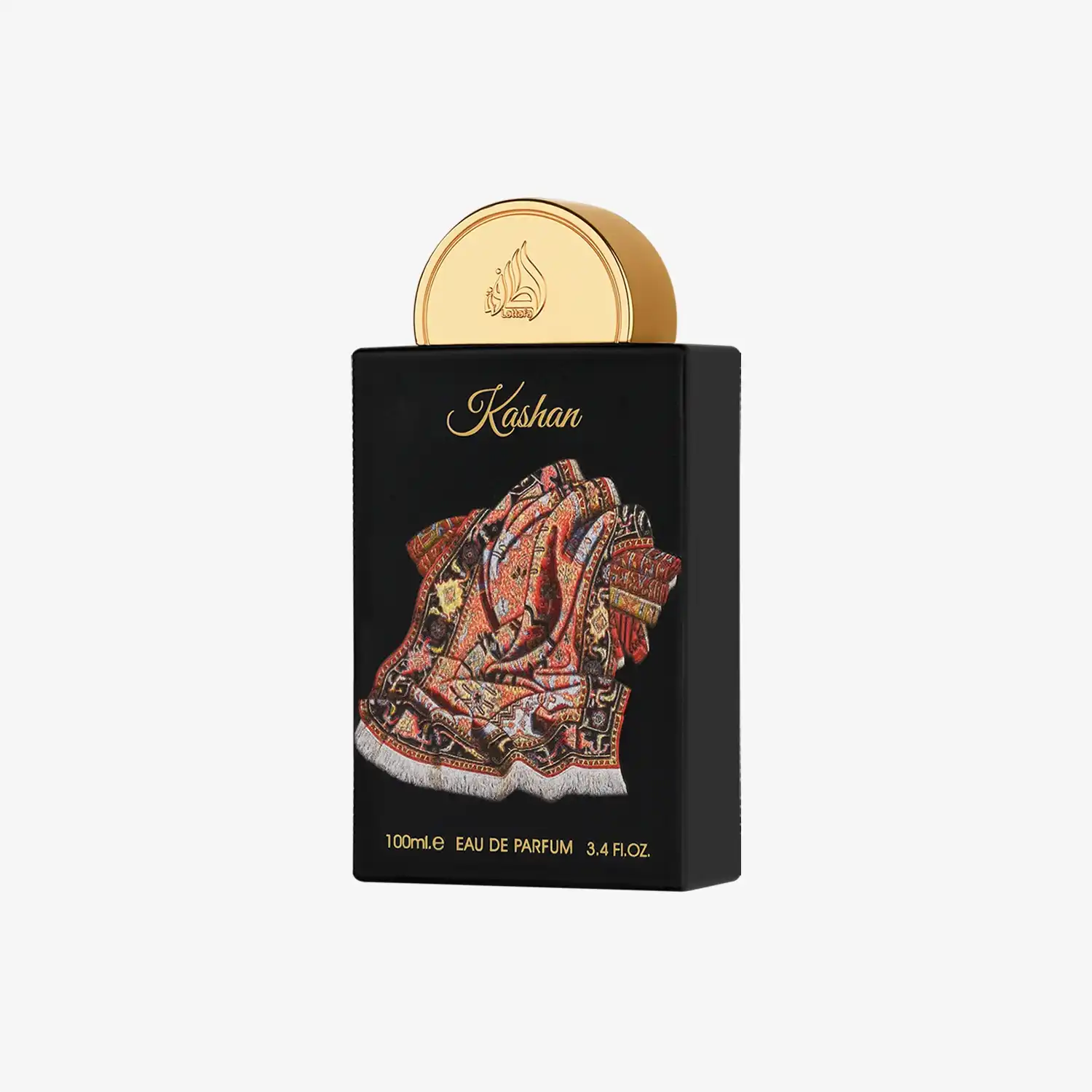 Kashan perfume bottle with Middle Eastern carpet design and gold cap, 100ml Eau de Parfum