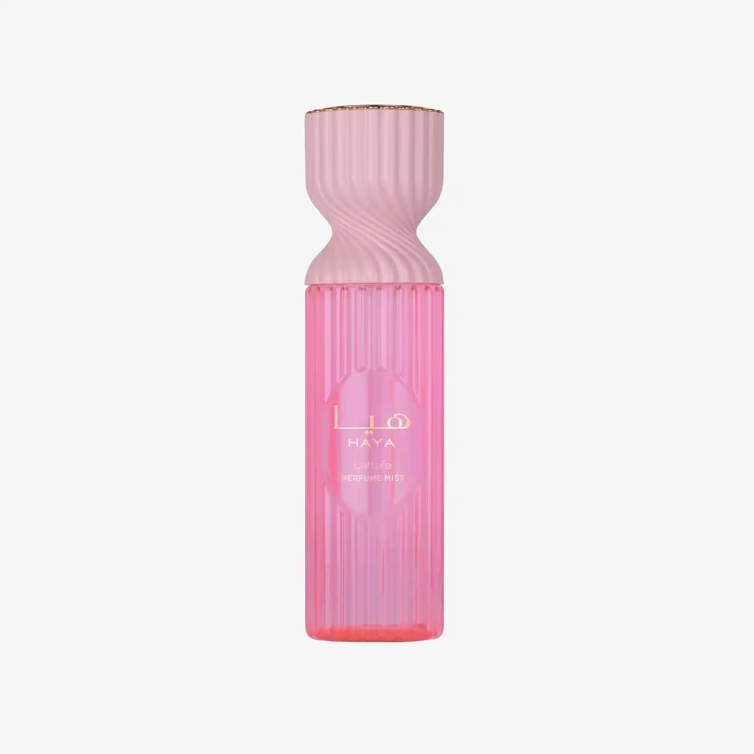 Pink Lattafa Haya perfume mist bottle with gold accents on a light background