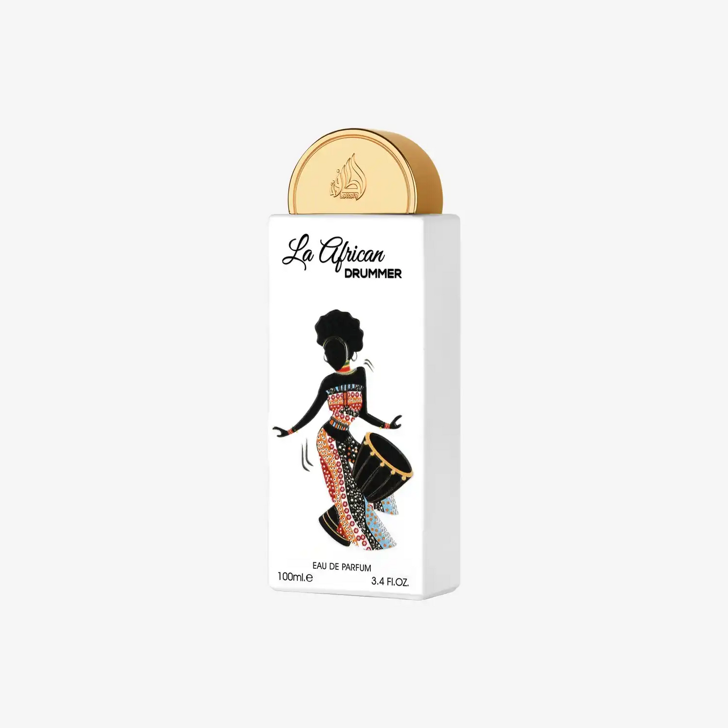 Perfume bottle with African drummer illustration, gold cap, and vibrant patterned dress.
