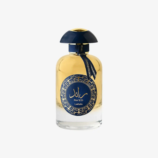 Lattafa Ra'ed Middle Eastern perfume bottle with blue and gold decorative label