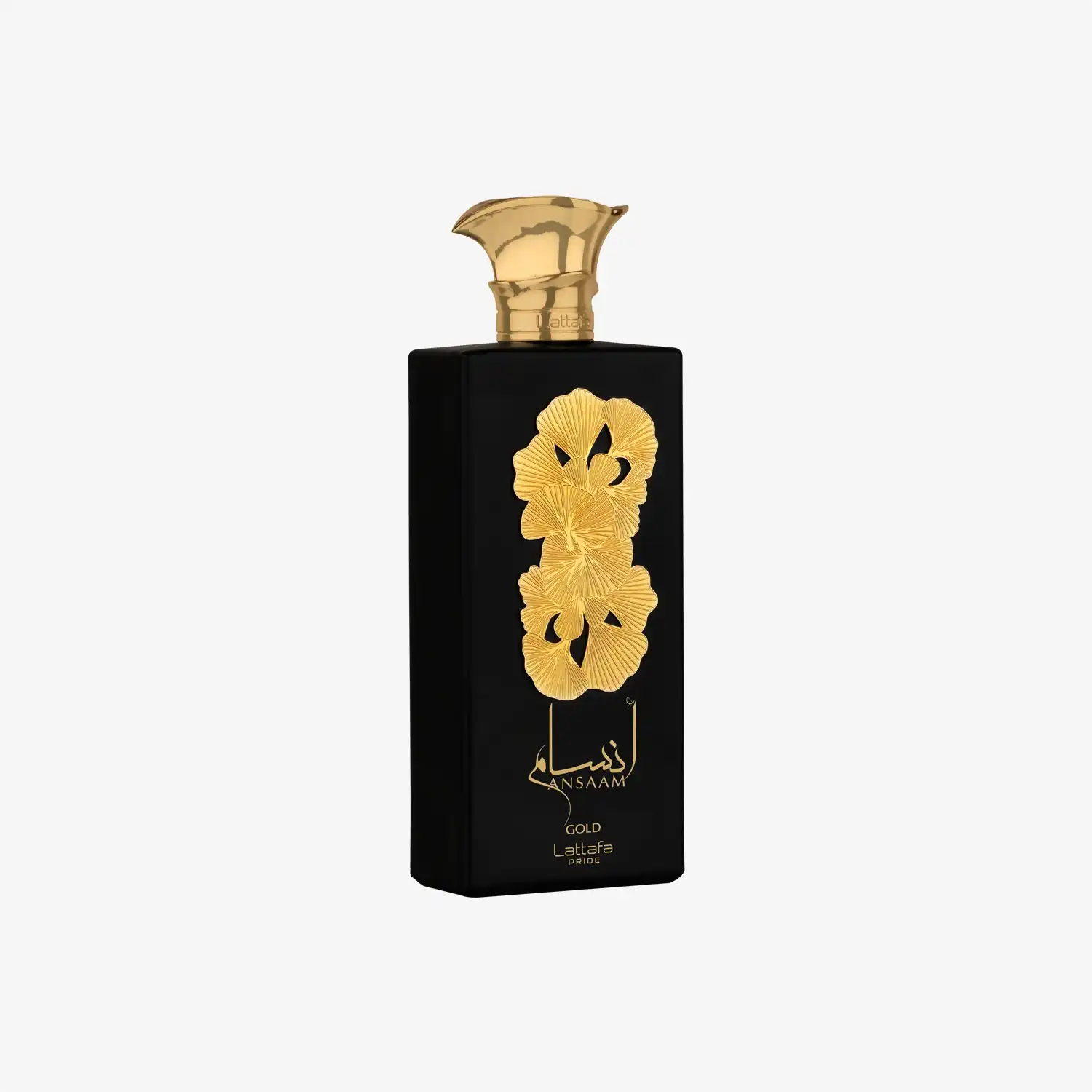 Luxury Middle Eastern perfume bottle in black with gold floral design and gold cap
