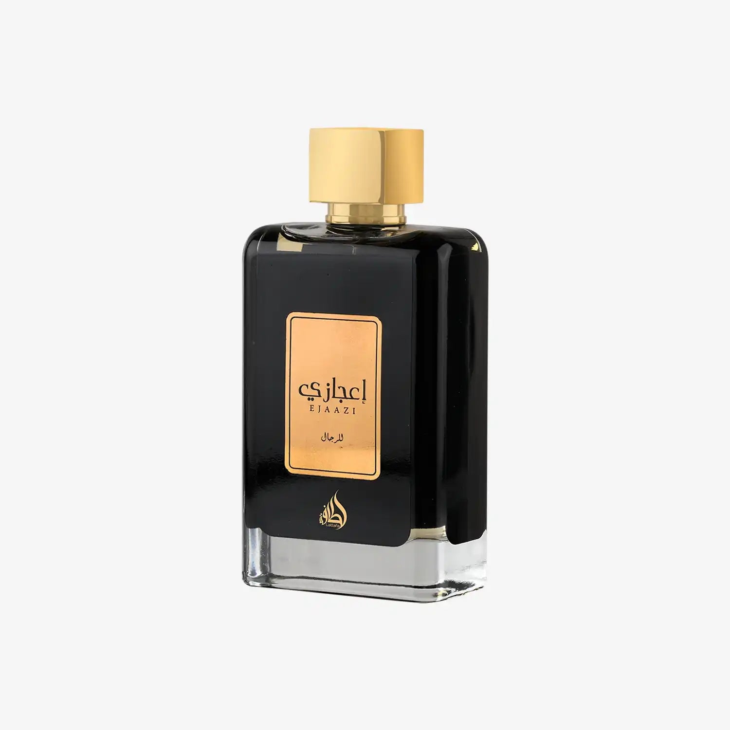 Elegant black and gold Middle Eastern perfume bottle with Arabic and English label on white background.