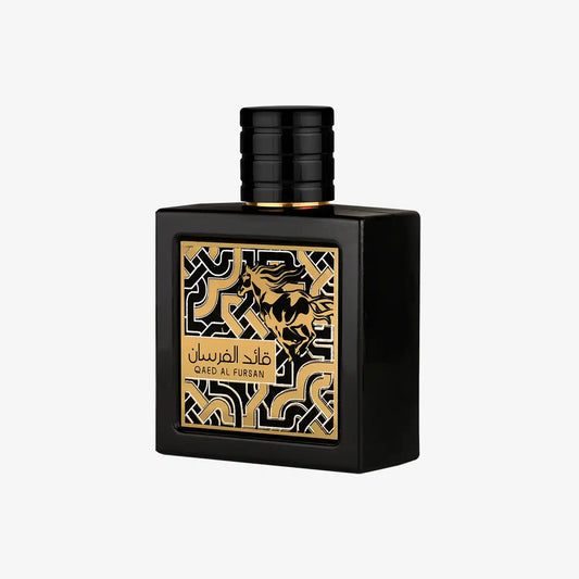 Black Middle Eastern perfume bottle with gold Arabic calligraphy and horse design on label