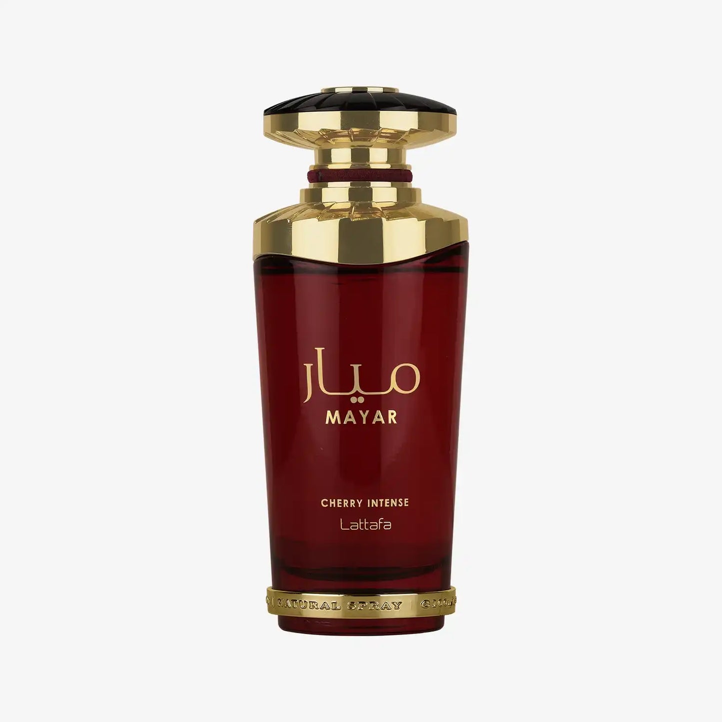 Lattafa Mayar Cherry Intense perfume bottle with gold and red accents on white background