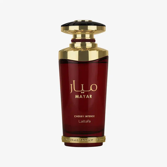 Lattafa Mayar Cherry Intense perfume bottle with gold and red accents on white background