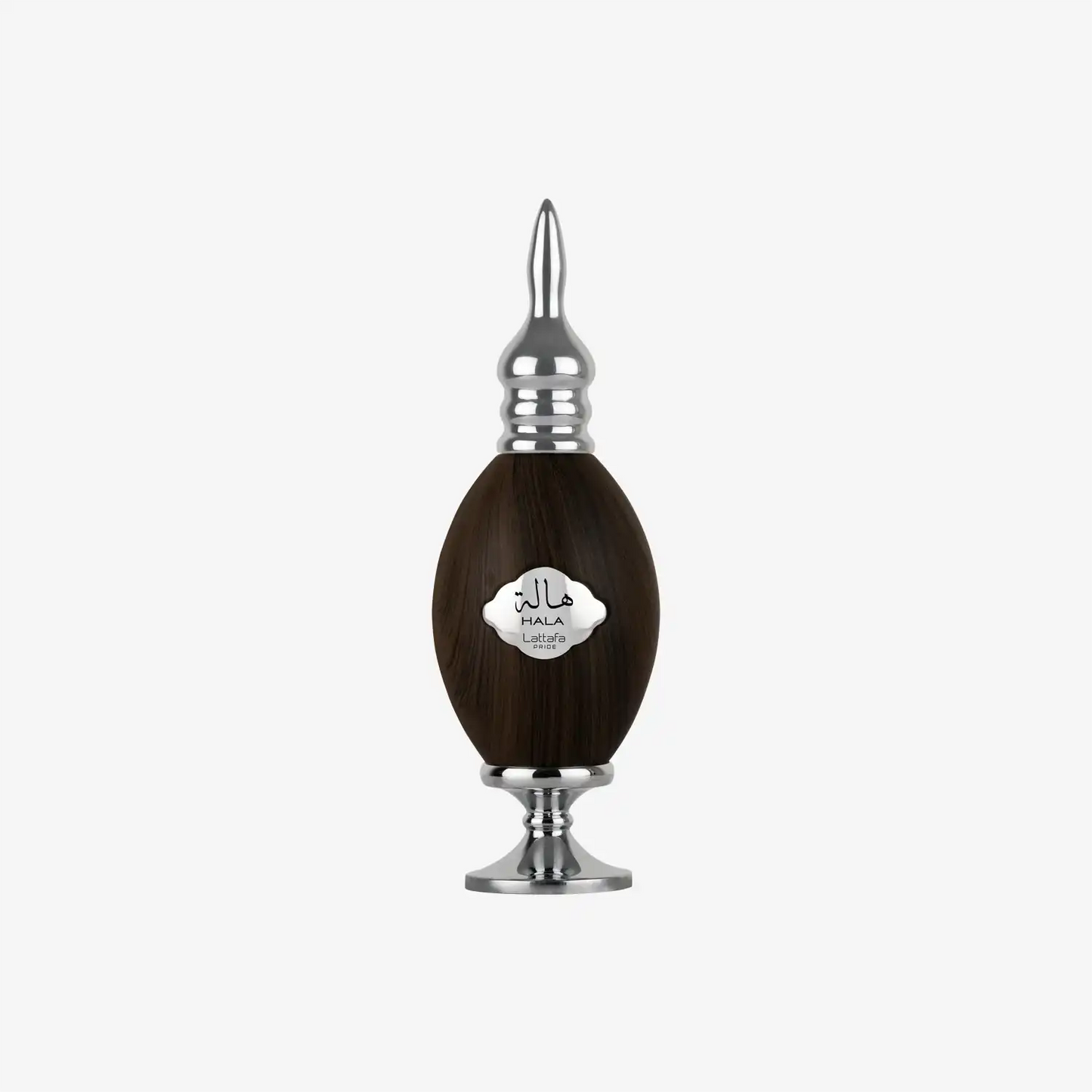 Elegant Middle Eastern perfume bottle with wood and silver design, Hala Lattafa label.
