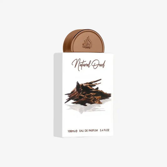 Natural Oud perfume bottle with brown cap and oud wood illustration, 100ml eau de parfum