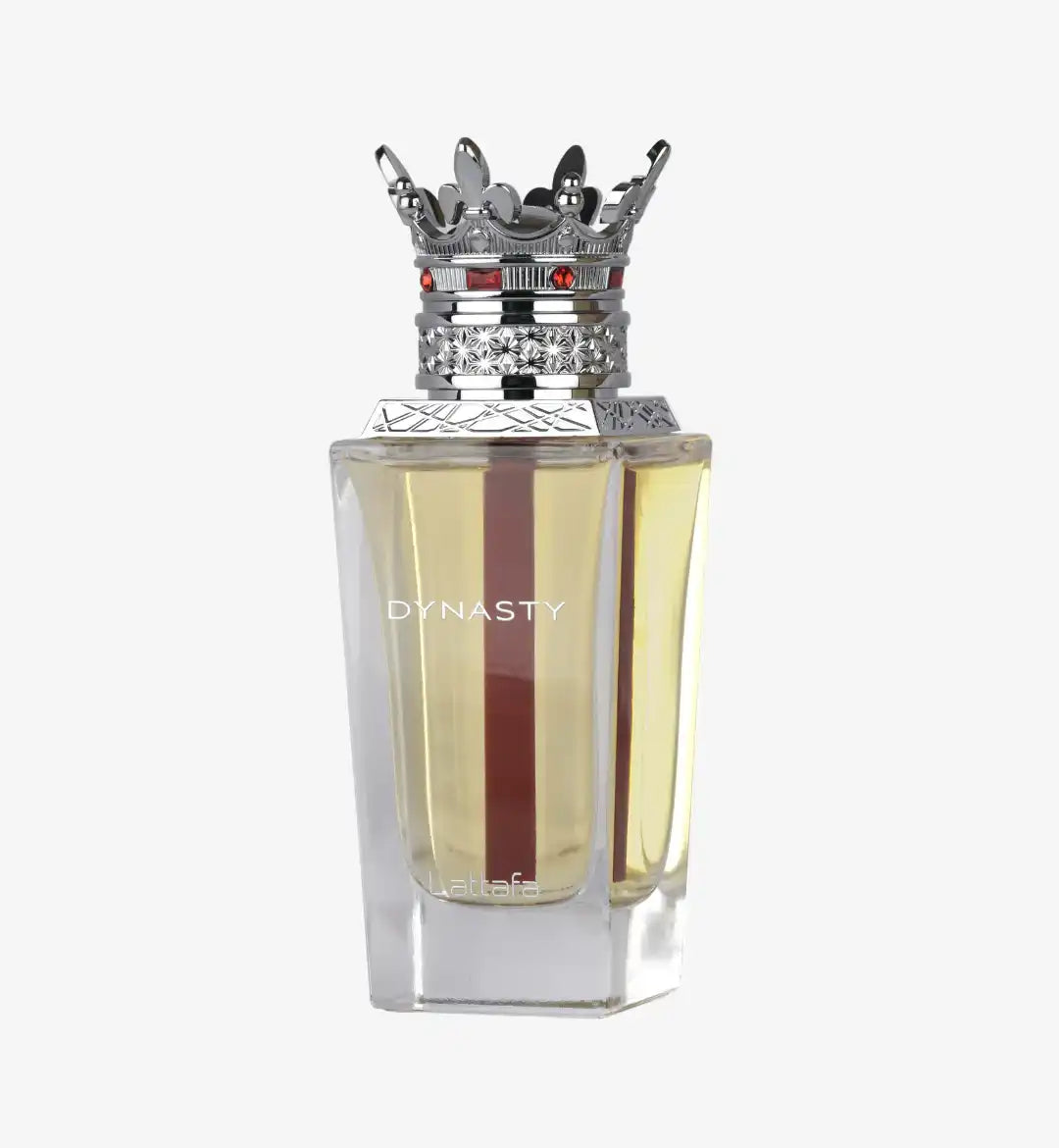 Dynasty perfume bottle with ornate silver crown cap and clear glass, Middle Eastern fragrance