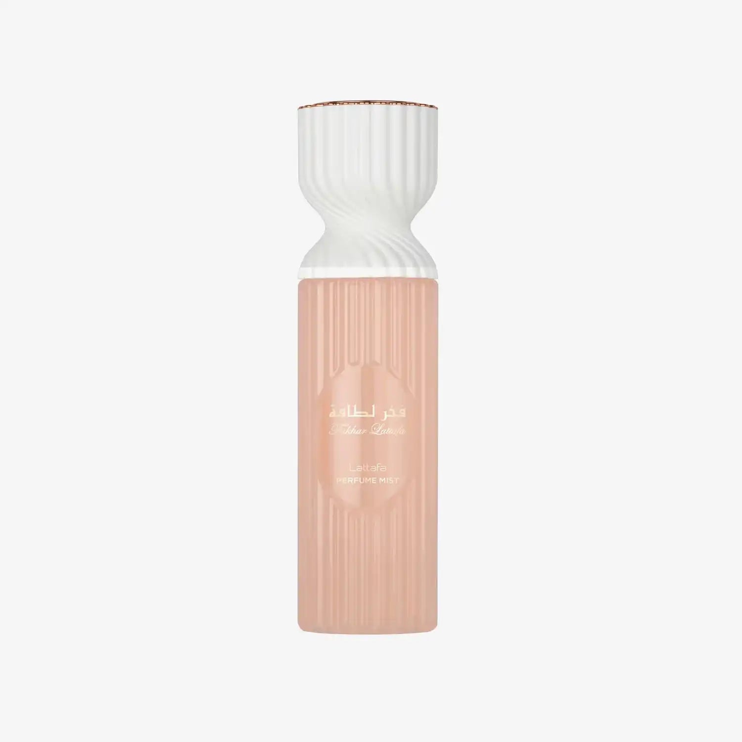 Lattafa perfume mist bottle with Arabic writing and ribbed peach-pink design on white background