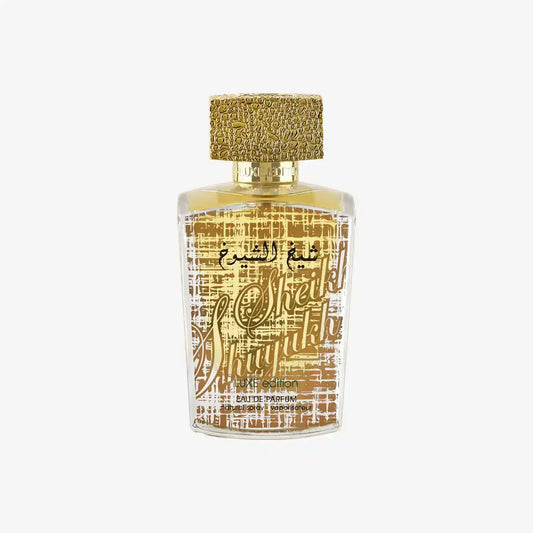 Sheikh Shuyukh luxe edition Middle Eastern perfume bottle with gold textured cap and script