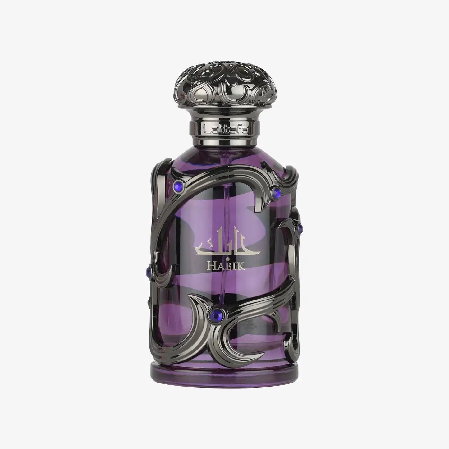 Purple Middle Eastern perfume bottle with ornate silver metal design and Arabic script