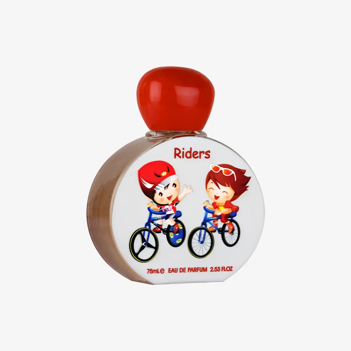 Children's Riders perfume bottle with cartoon kids riding bicycles, 75ml eau de parfum