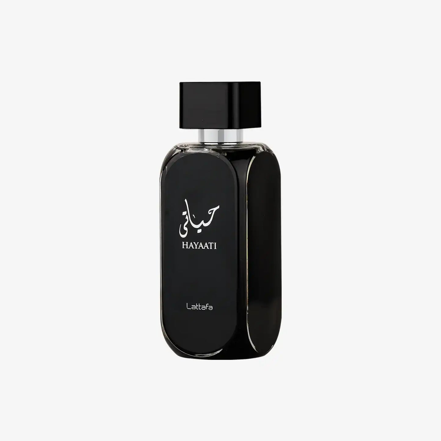Elegant black bottle of Hayaat Lattafa Middle Eastern perfume with Arabic script