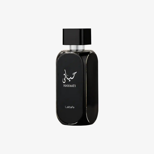 Elegant black bottle of Hayaat Lattafa Middle Eastern perfume with Arabic script