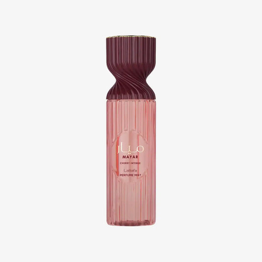 Lattafa Mayar Cherry Intense perfume mist in pink ribbed bottle on white background